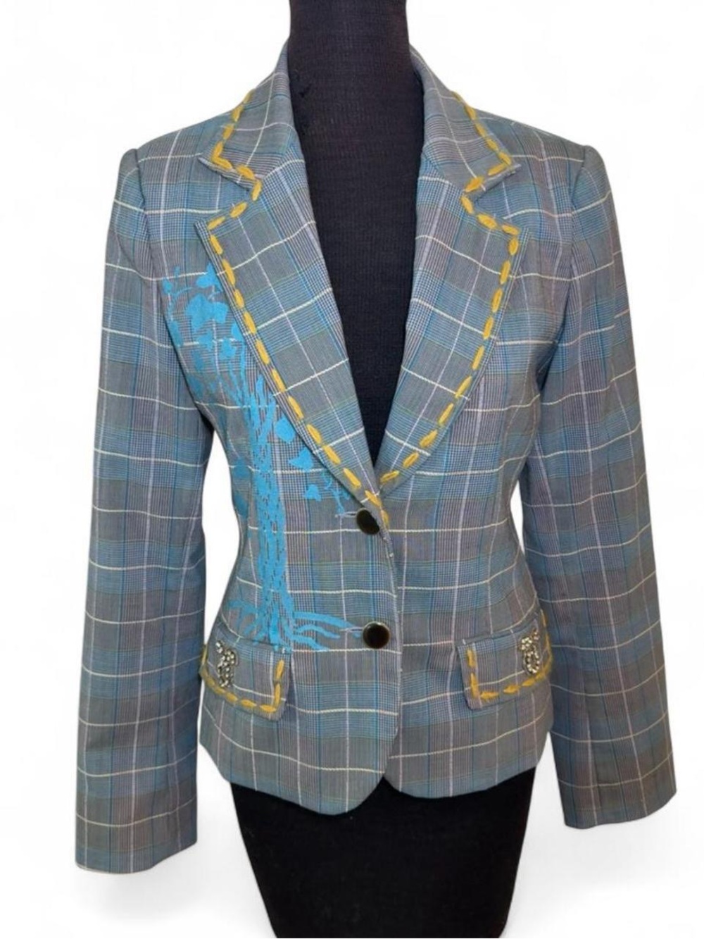 Spy Zone Exchange Embellished Wool Blend Blazer Plaid "Feed Life" design Size S